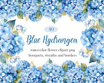 Hydrangea PNG, Watercolor Blue Hydrangea Clipart Bundle, Blue Flower PNG, Wedding Bouquet, Wreath, Flower Sublimation, Spring Floral