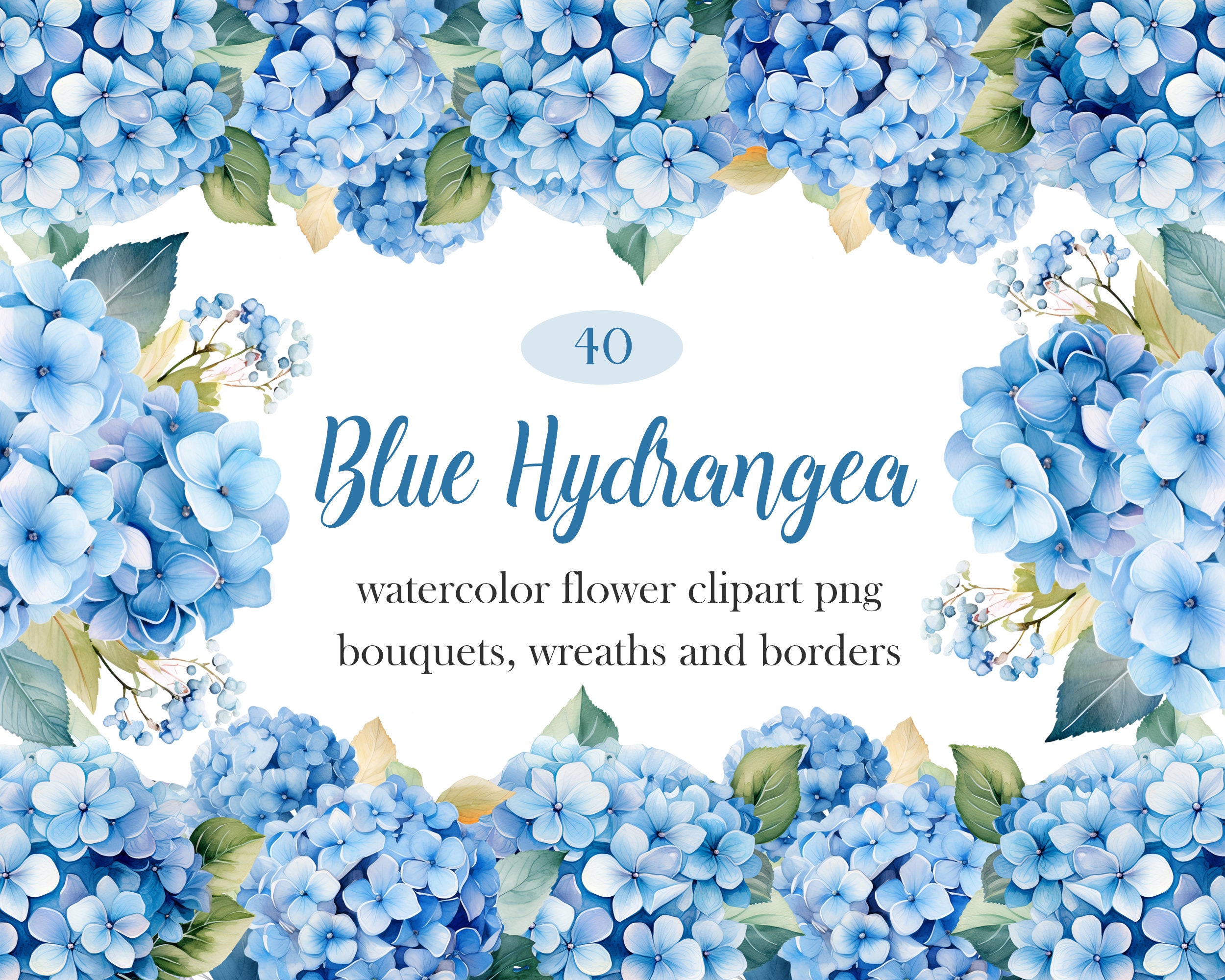 Hydrangea PNG, Watercolor Blue Hydrangea Clipart Bundle, Blue Flower PNG, Wedding Bouquet, Wreath, Flower Sublimation, Spring Floral