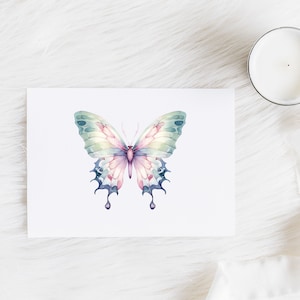 May include: A watercolor painting of a butterfly with green, pink, and purple wings. The butterfly is on a white background.