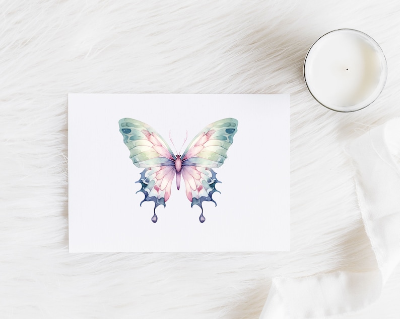 May include: A watercolor painting of a butterfly with green, pink, and purple wings. The butterfly is on a white background.