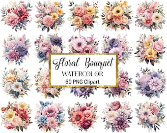 Floral Bouquet PNG, Watercolor Flower Clipart, Spring, Digital Download