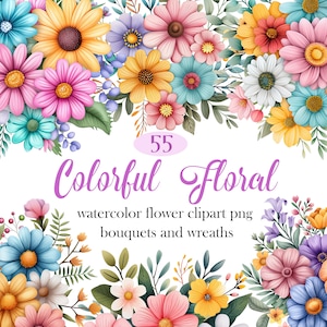 Bunte Blumen Clipart, Sommerblume PNG, Blumenstrauß, Kranz, Sublimation, digitaler Download