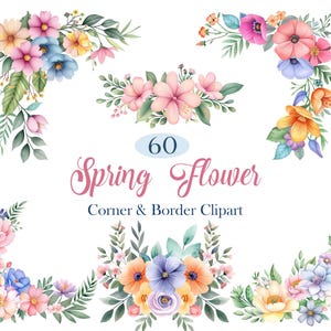 Lentebloem png, aquarel bloemenrand clipart, bloemenhoek, kleurrijke bloemen, digitale download