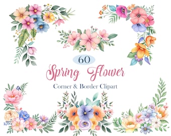 Spring Flower PNG, Watercolor Flower Border Clipart, Flower Corner, Colorful Floral, Digital Download