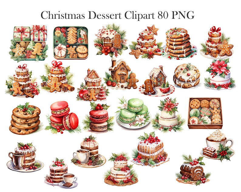 May include: A collection of 80 watercolor illustrations of Christmas desserts, including gingerbread houses, cookies, cakes, macarons, and pastries. The illustrations are in a festive style with red, green, and white colors.