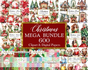 Ensemble d'images clipart de Noël, fond de papier numérique de Noël