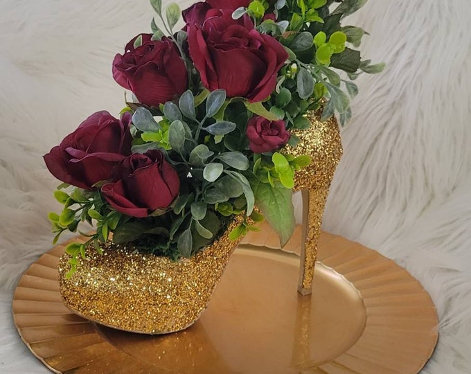 Gold Glitter High Heel Stiletto Vase, Silk Floral Arrangement, Shoe ...