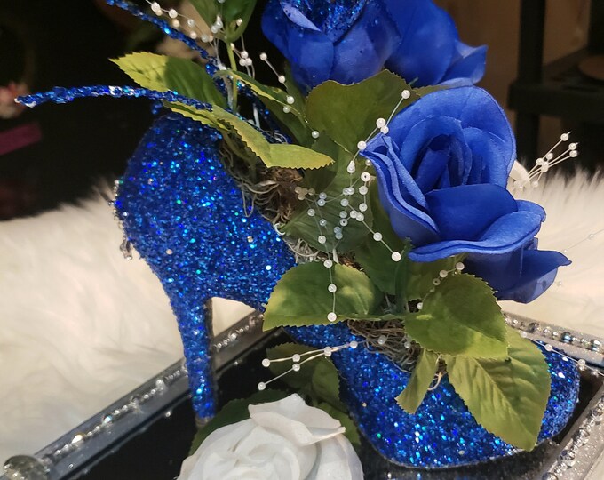 Blue Glitter High Heel Floral Arrangement Centerpiece, High Heel Vase