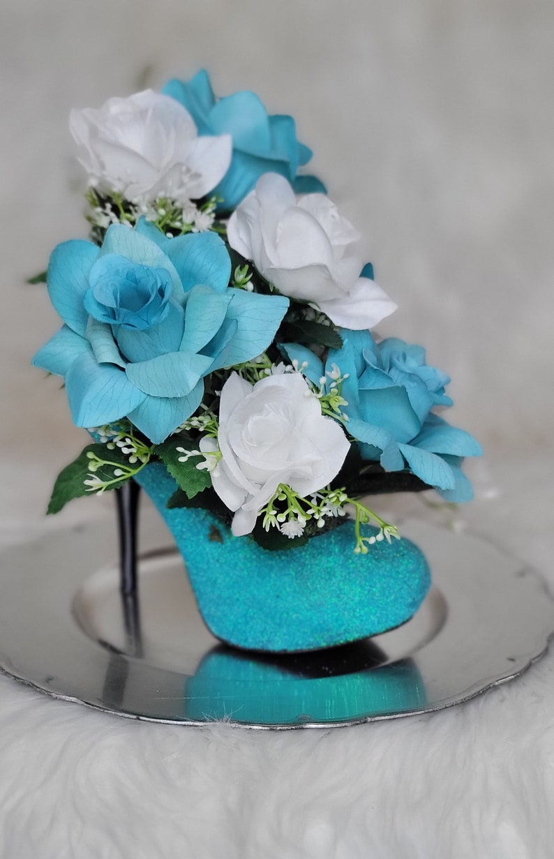 Aqua Glitter High Heel Vase, Centerpiece, Shoe Bouquet, Unique Floral