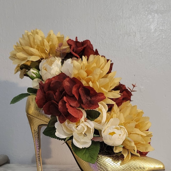 Beautiful Gold Reptile Print Fall Floral Arrangement, Centerpiece, High Heel Vase, Shoe Bouquet,Birthday, Bridal Shower, Fall Home Decor