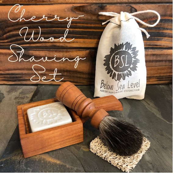 CHERRY WOOD Shaving Set / Made In The USA / Shaving Box / Shaving Brush / Shaving Bar / Handmade / Historic Reproduction / 5 pc Shave Set