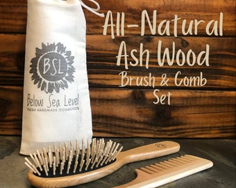 NATURAL WOODEN Oval Brush and Wide Tooth Comb Set / Ash Wood & Natural Rubber Brush / Comb with Handle / Eco-Friendly