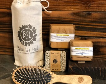SHAMPOO & CONDITIONER BAR Set with Ash Wood Brush / Giant Shampoo,  Conditioner, Bar Lift, Hair Brush,  and Cotton Bag / Rise and Shine