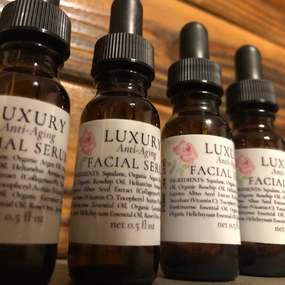 LUXURY FACIAL SERUM Anti-Aging / Rose Otto, Helichrysum, Geranium & Frankincense Essential Oils / Argan, Jojoba, and Rosehip Oils