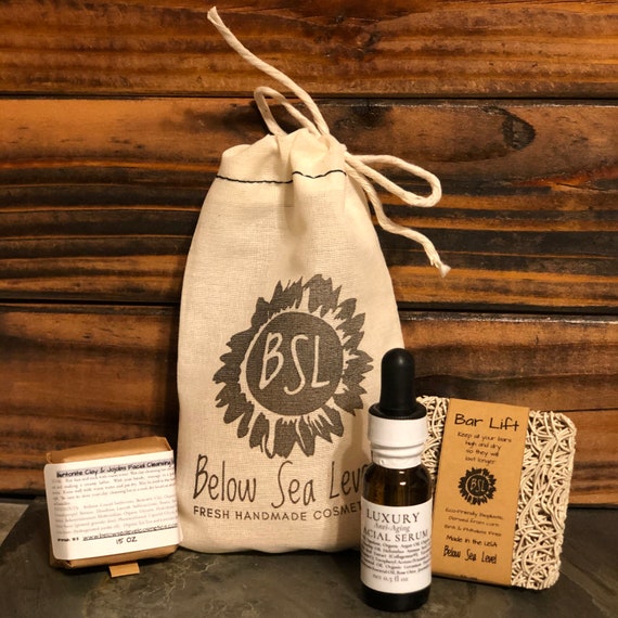 LUXURY FACIAL SET / Facial Serum and Cleansing Bar Set / With Bar Lift and Cotton Bag / Rose Otto, Helichrysum, Geranium, Frankincense