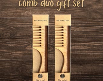 Ash Wood Hair Comb Duo Gift Set | Wide Tooth & Handle