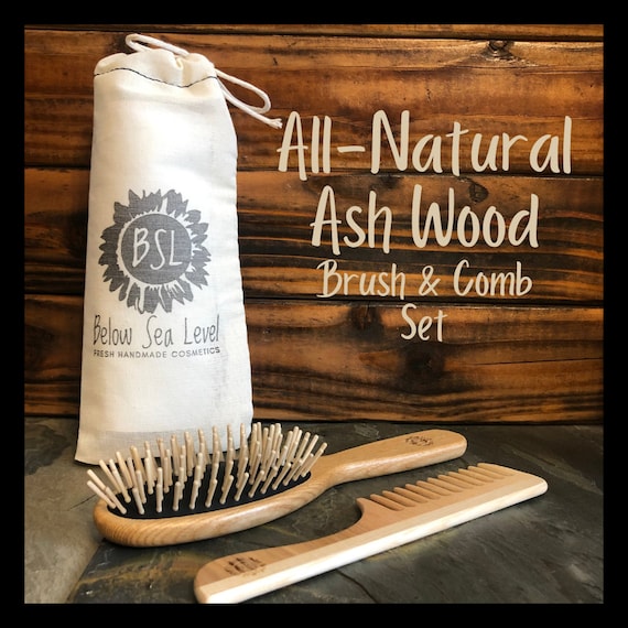 NATURAL WOODEN Oval Brush and Wide Tooth Comb Set / Handmade by TEK / Ash Wood & Natural Rubber Brush / Comb with Handle / Eco-Friendly