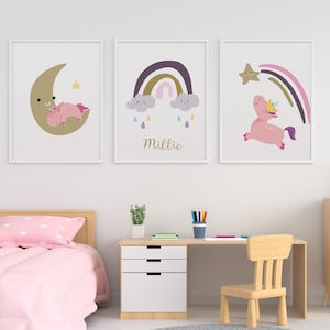 Children&#39;s Print,  Unicorn Print, Nursery Wall Art, Personalised Print, Unicorn Theme Nursery, Rainbow Print, Colourful Kids Print