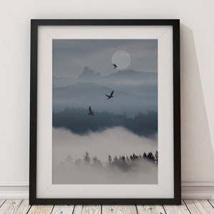 Mountain Print, Moon Print, Bird Print, Wall Decor, Mountain Print, Wall Decor, Home Decor, Calming Print, Nature Print