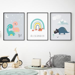 Set von drei Dinosaurier-Kinderzimmer-Drucken, Dinosaurier-Drucke, Set von drei Drucken, Kinderzimmer-Dekor, bunter Druck für Kinderzimmer, Kinder-Schlafzimmer-Dekor