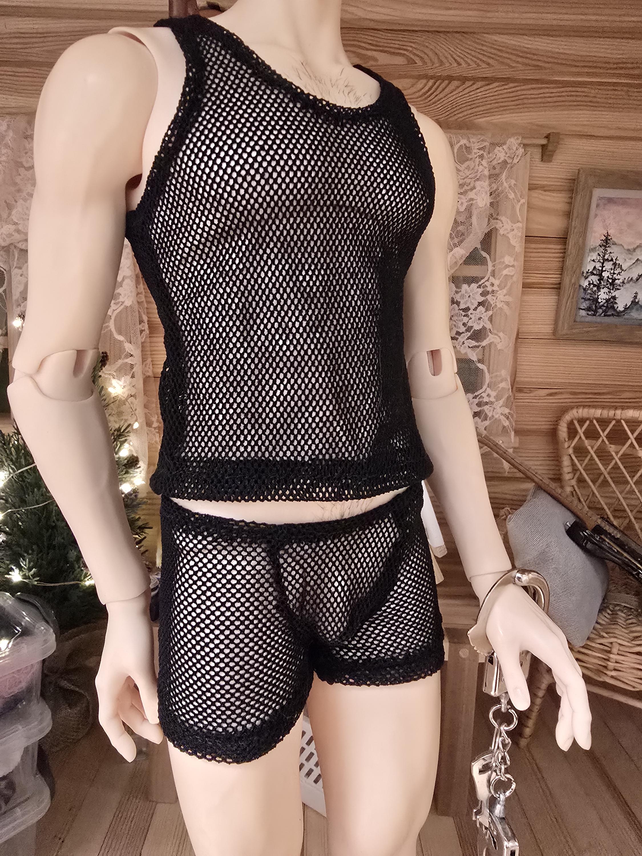 BJD FID size male black mesh underwear set. BJD male mesh boxers and tank top.