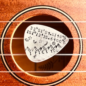 Custom Coordinates Guitar Pick, GPS Latitude Longitude coordinates, Ten year Anniversary Gift, Sentimental Valentine&#39;s Day Gift for Men