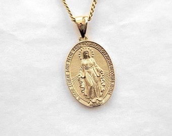 18k 14k gold Miraculous medal necklace pendant L, bleseed virgin mary necklace pendant, mens womens necklace pendant gold