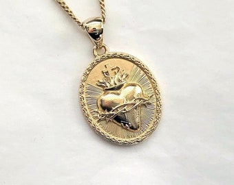 14k 18k gold sacred heart of jesus necklace pendant, womens mens necklace pendant, catholic gold necklace pendant women men