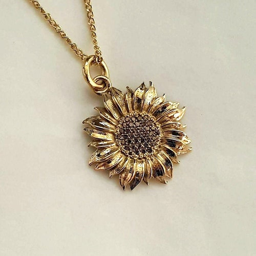 14k Solid Gold Sunflower Pendant Sunflower Charm.floral Etsy