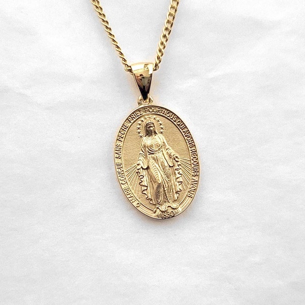 18k, 14k solid gold miraculous medal necklace pendant M for women, blessed virgin mary, catholic jewelry