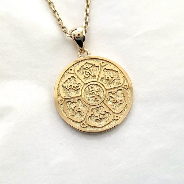 14k 18k mantra om mani padme hum necklace pendant, womens mens necklace pendant gold, buddhist gold necklace pendant women men