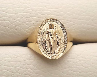 14k 18k gold Miraculous Medal ring, blessed virgin mary ring, catholic ring gold
