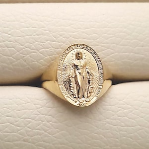 14k 18k gold Miraculous Medal ring, blessed virgin mary ring, catholic ring gold