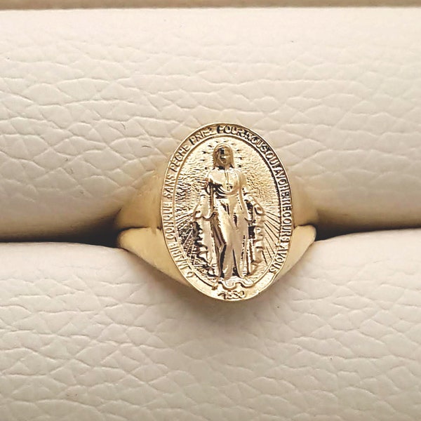 14k 18k gold Miraculous Medal ring, blessed virgin mary ring, womens ring gold, gold ring women