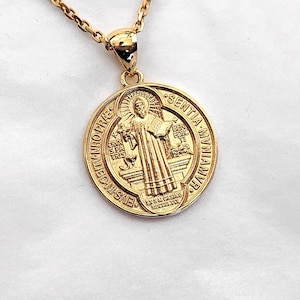 14k 18k gold saint benedict medal necklace 20mm 25mm