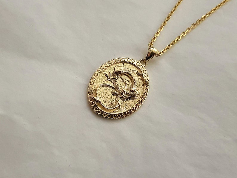 14k 18k Solid Gold Korean Dragon Necklace Circle Pendant Etsy