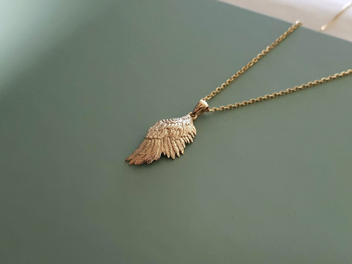 14k 18k solid gold angel wing necklace pendant gold mens Etsy