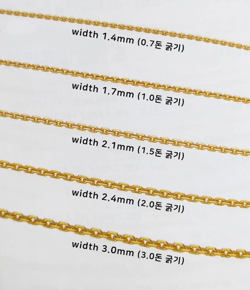May include: Five gold chains of different widths, labeled with their width in millimeters and weight in money. The chains are laid out horizontally on a white surface.