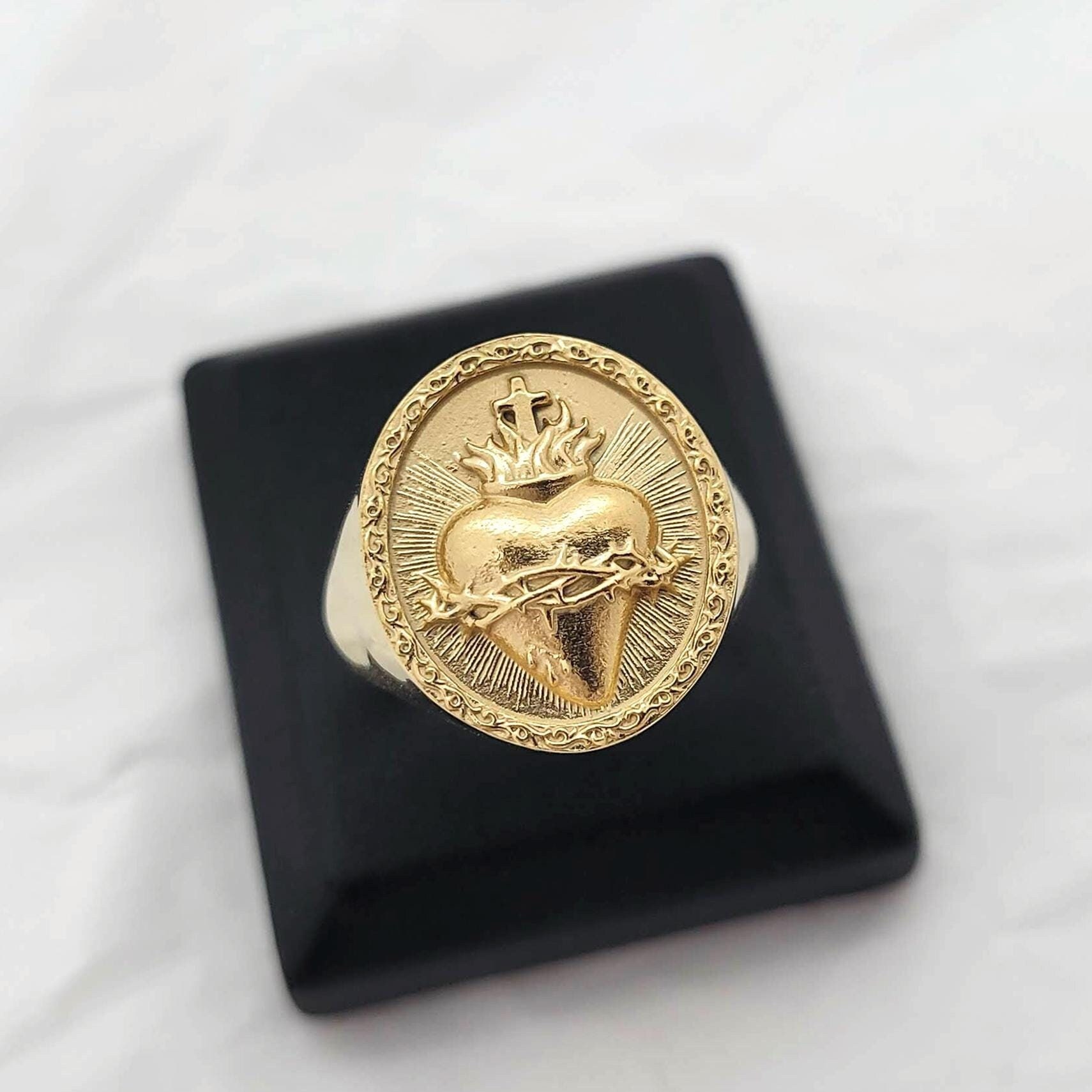 14k 18k gold sacred heart of Jesus ring for men and women
