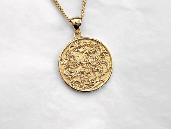 18k 14k Gold Dragon Necklace Men Dragon Pendant Mens Necklace