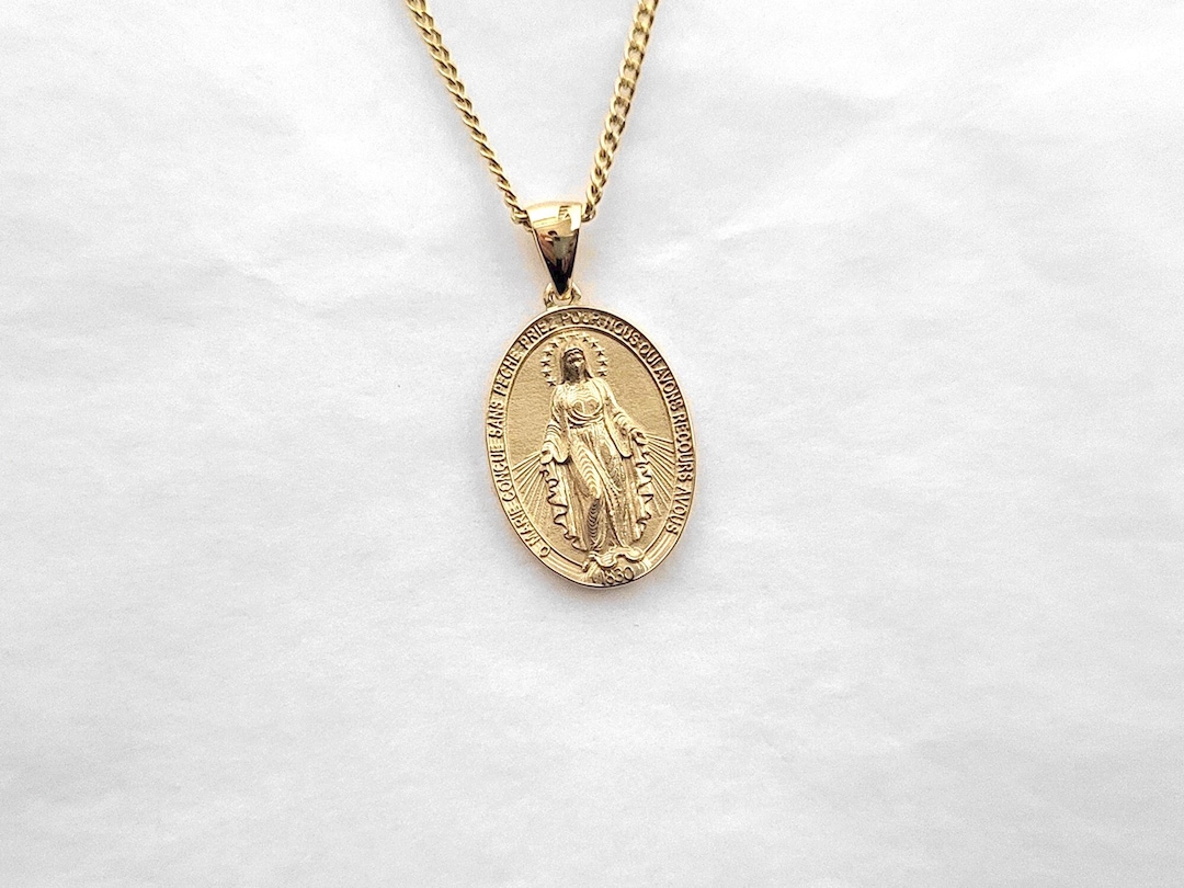 18k, 14k solid gold miraculous medal necklace pendant M for women ...
