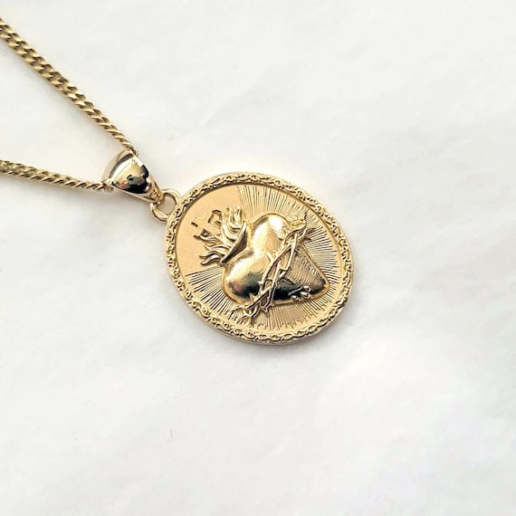 14k 18k Gold Sacred Heart of Jesus Pendant Necklace for Men and
