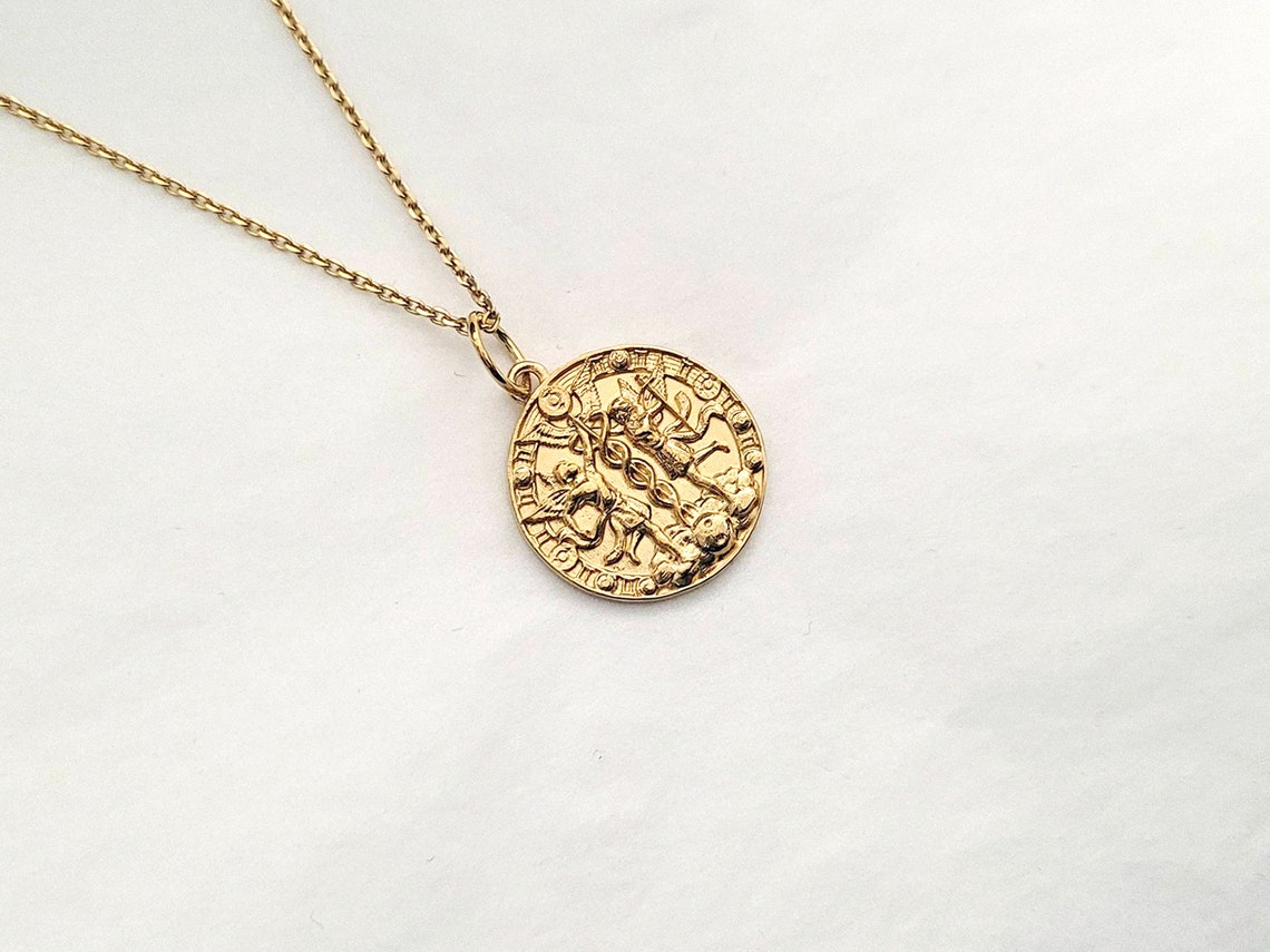 18k 14k solid gold coin circle zodiac Gemini necklace Etsy