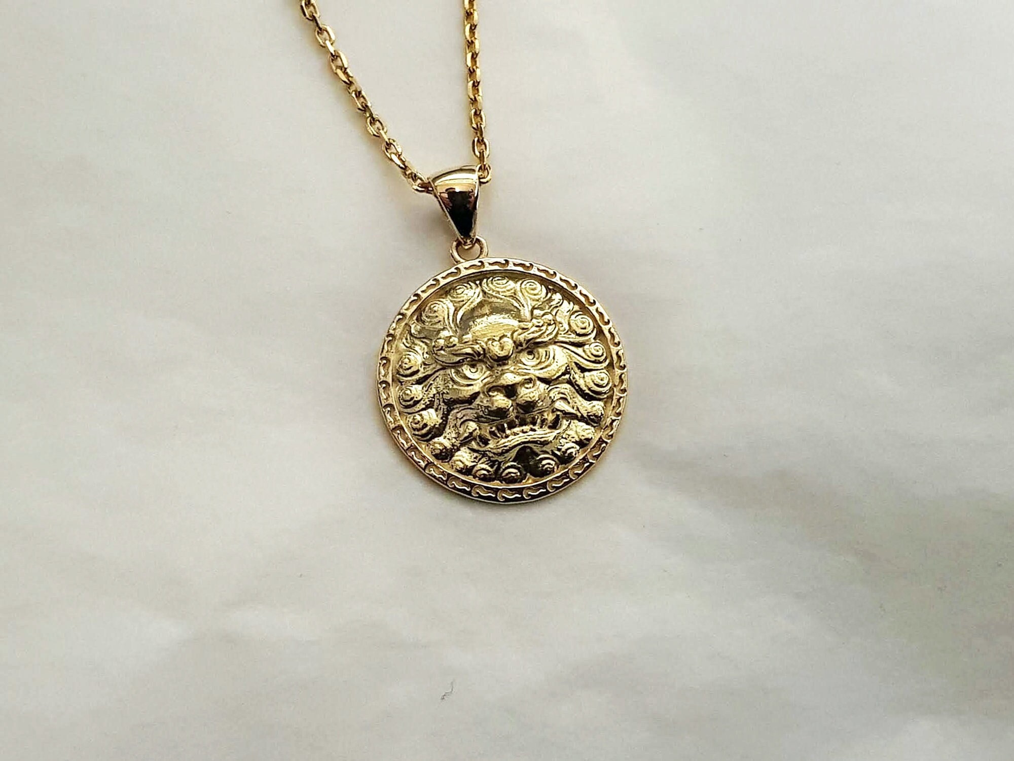 14k 18k gold Haetae Korean lion pendant necklace Medium 22mm for men