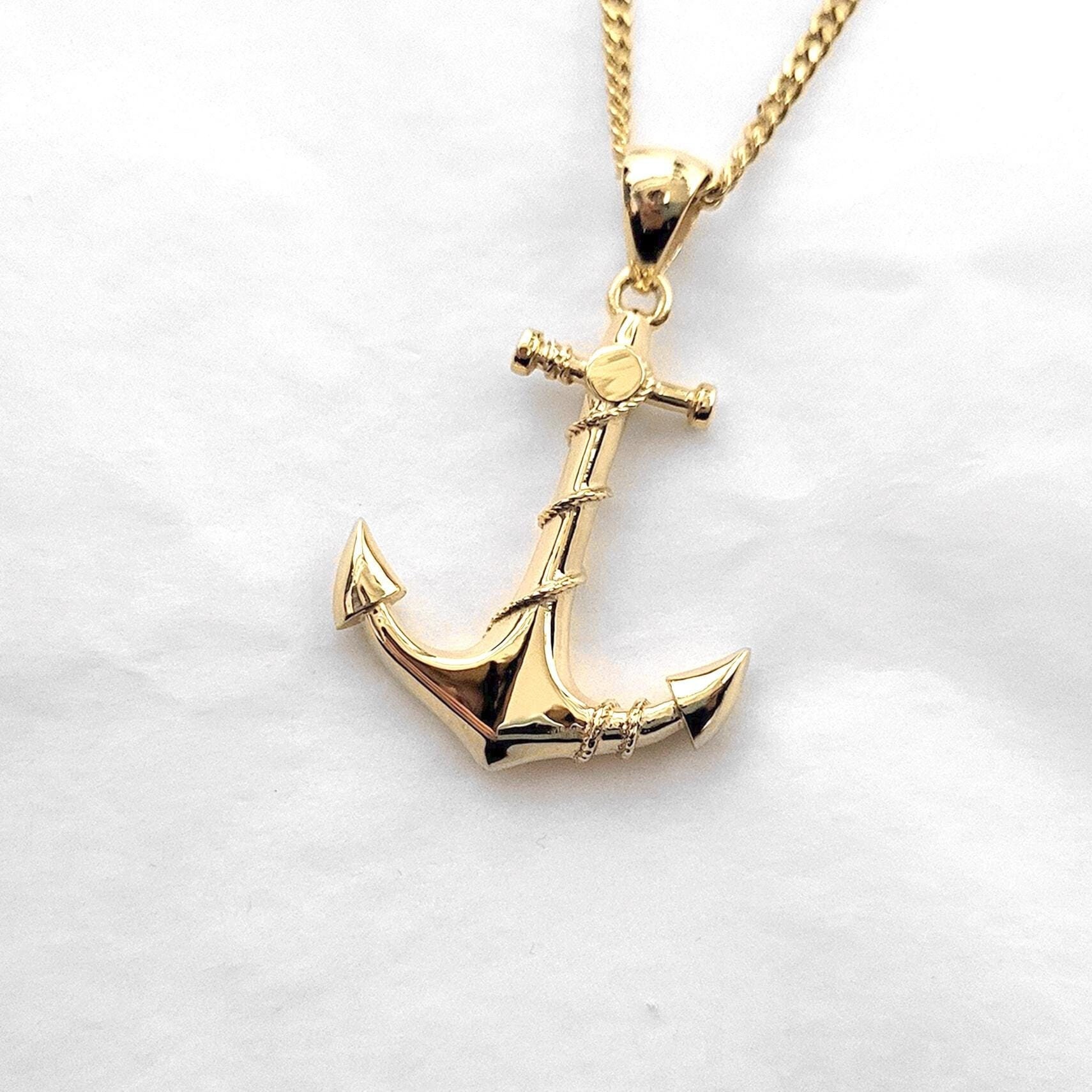 14k 18k gold anchor pendant necklace for men