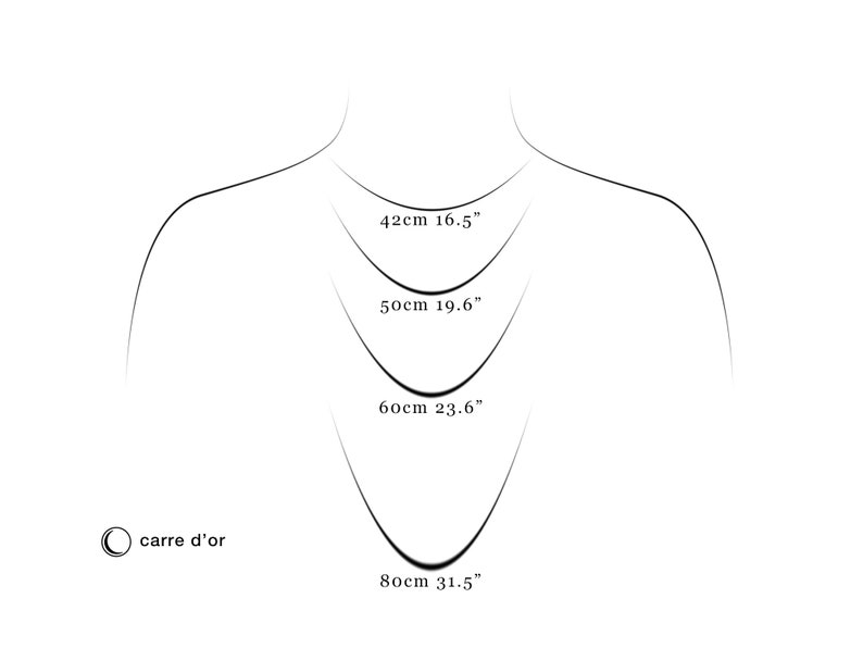 May include: A line drawing of a person's neck with four different necklace lengths marked in inches and centimeters. The lengths are 16.5 inches (42 cm), 19.6 inches (50 cm), 23.6 inches (60 cm), and 31.5 inches (80 cm).