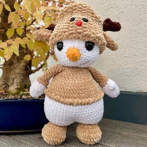 Handmade Brown Reindeer-Costumed Snowman Amigurumi: Unique Crocheted Toy for Christmas Holiday Gift Idea