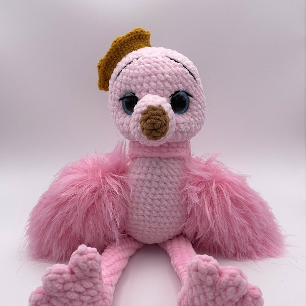 Pink Flamingo Amigurumi Crochet Flamingo Teddy Soft Toy Flamingo Plush Pink Fluffy Wings Brown Crown Hand Made Knitted Bright Feathers