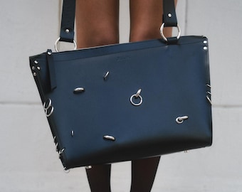 Handmade Black Leather Tote Bag: Minimalist Pierced Shoulder Bag