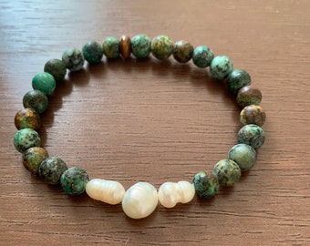 Fresh Water Pearl, Matte African Turquoises, Yoga Bracelet, Healing Bracelet, Calming Bracelet, Beaded Bracelets, Natural Pearl